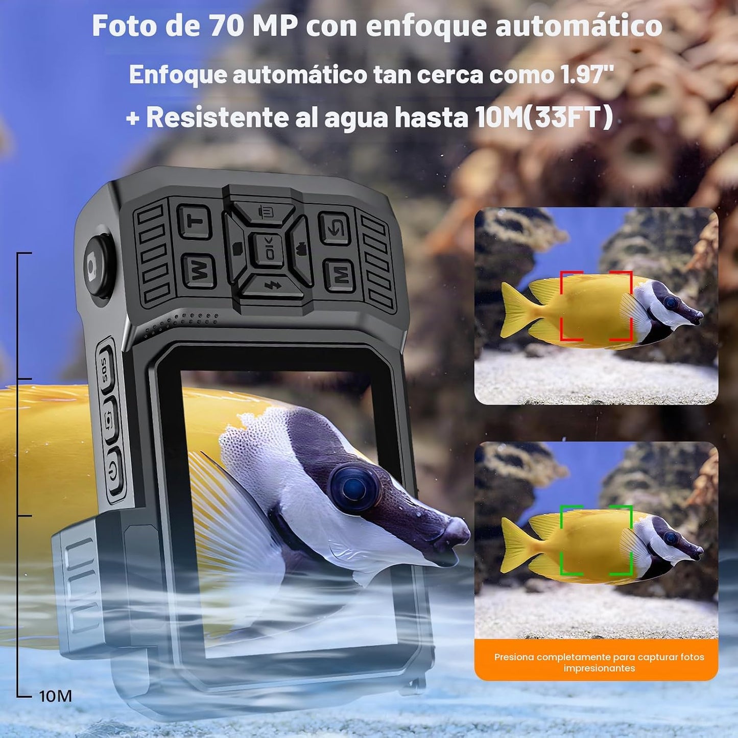 Cámara subacuática de 8 K, WiFi de 33 pies y 70 megapíxeles imperme...