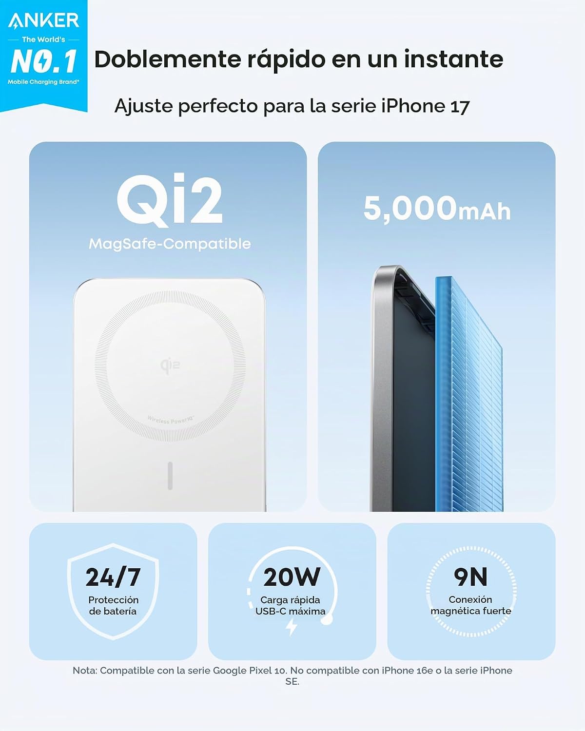 Anker Nano Power Bank, Batería de Carga Magnética Inalámbrica de 5,...