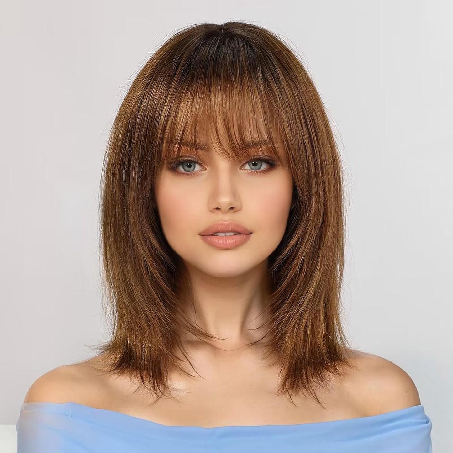 KKU Pelucas de cabello humano marrón degradado de 12 pulgadas para...