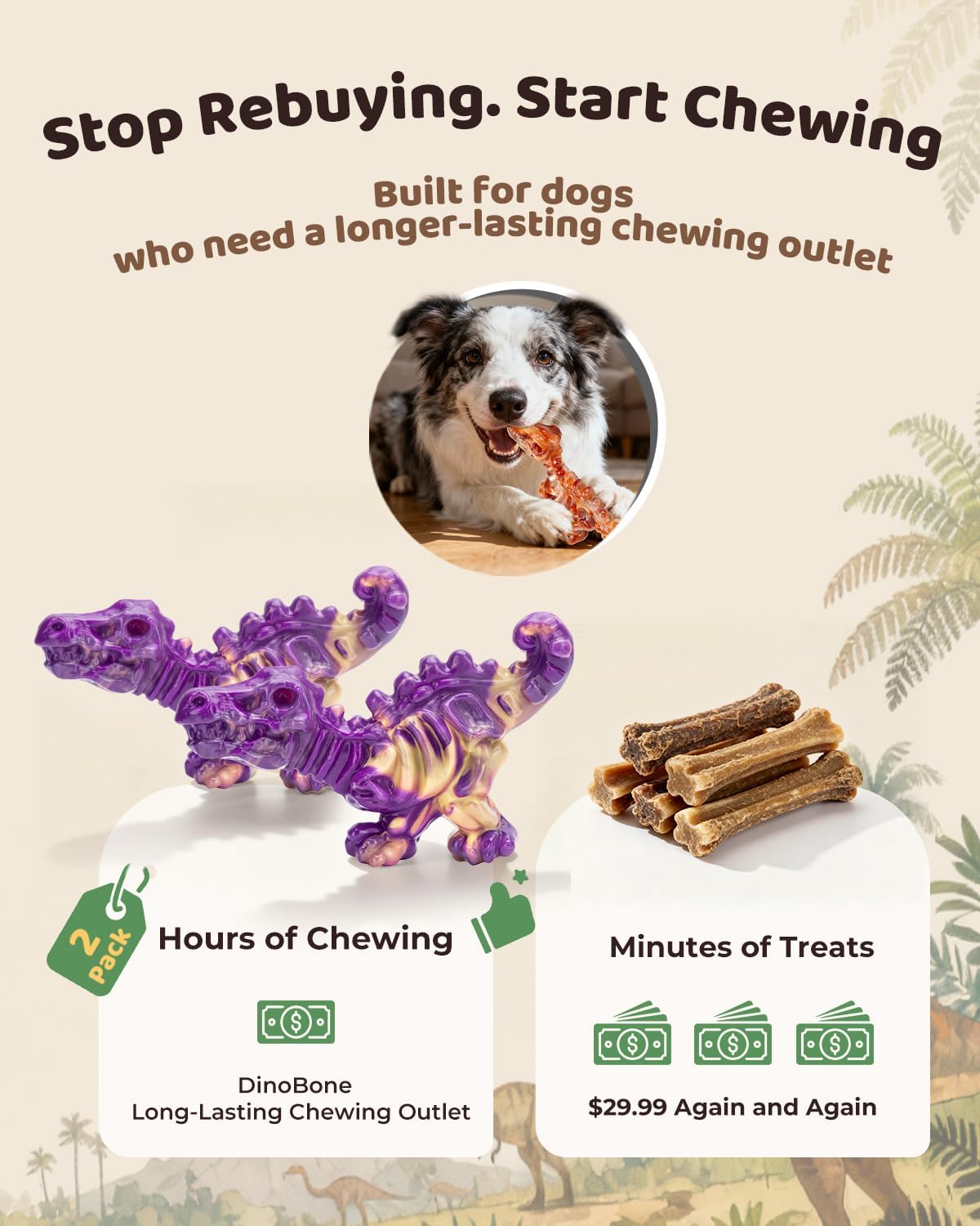 DinoBone Paquete de 2 juguetes masticables para perros resistentes...