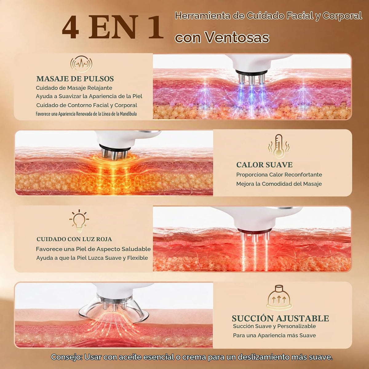 Masajeador facial y corporal 4 en 1, succión de 9 niveles, ventosas...