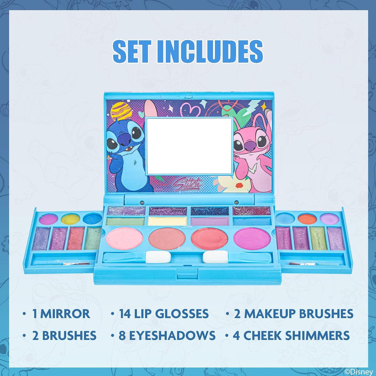 Stitch - Paleta de maquillaje plegable con espejo, brillo de labios...