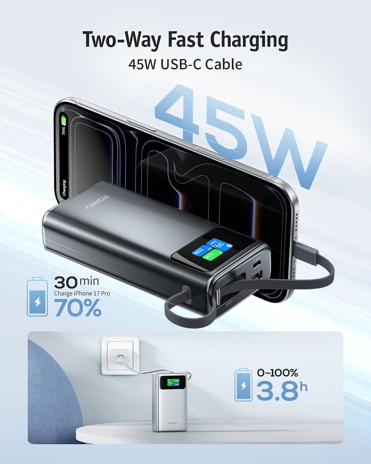 RORRY Cargador portátil de 45 W, batería externa de 20000 mAh, carg...