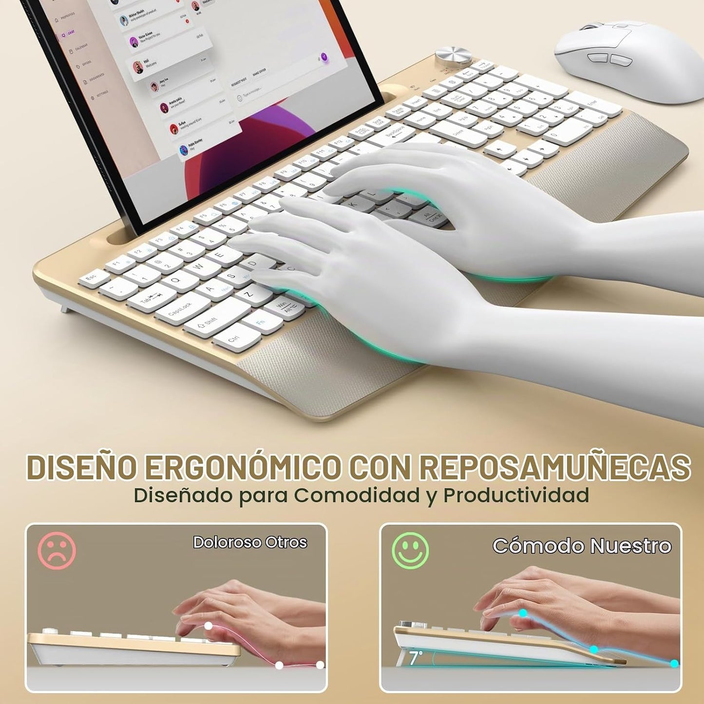 GAMCATZ Juego de teclado y mouse inalámbrico ergonómico con reposa...
