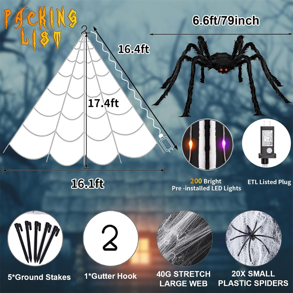 Luces de telaraña gigante de Halloween para decoración al aire libr...