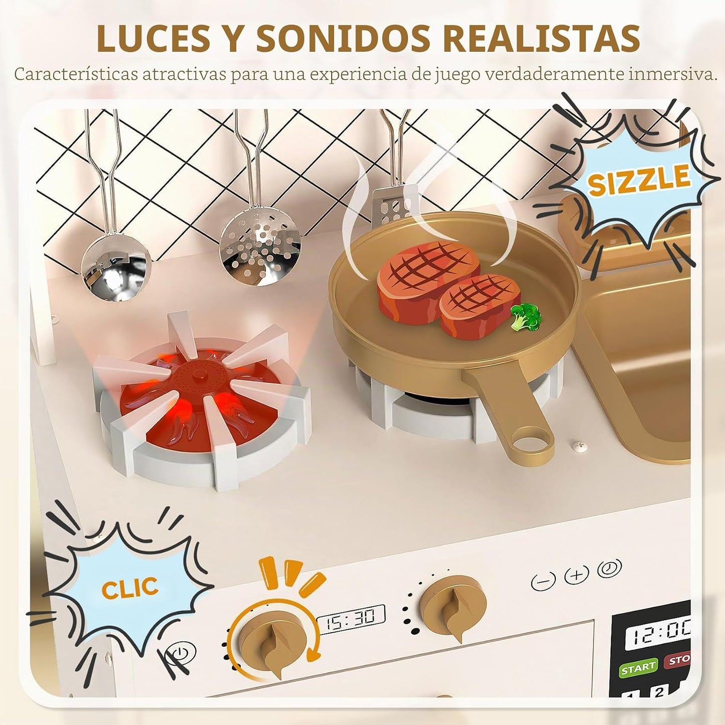 BIERUM Juego de cocina con luces y sonidos realistas, juego de coci...