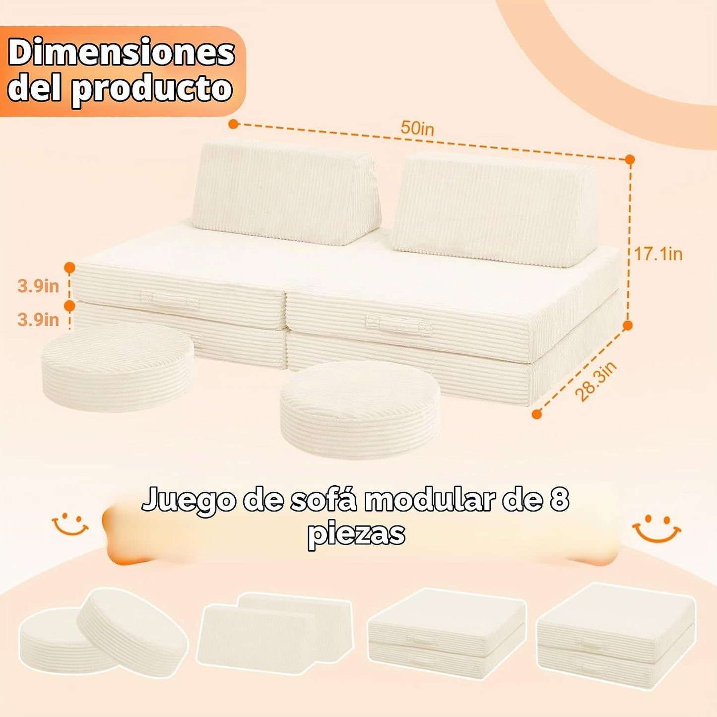 MeMoreCool - Sofá modular para niños, 8 piezas, color beige | Sofá...