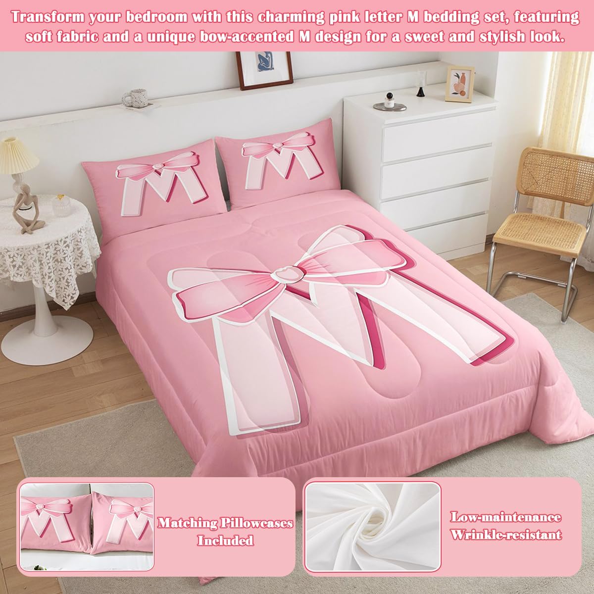 jejeloiu Juego de ropa de cama con lazo rosa, tamaño Queen, regalos...