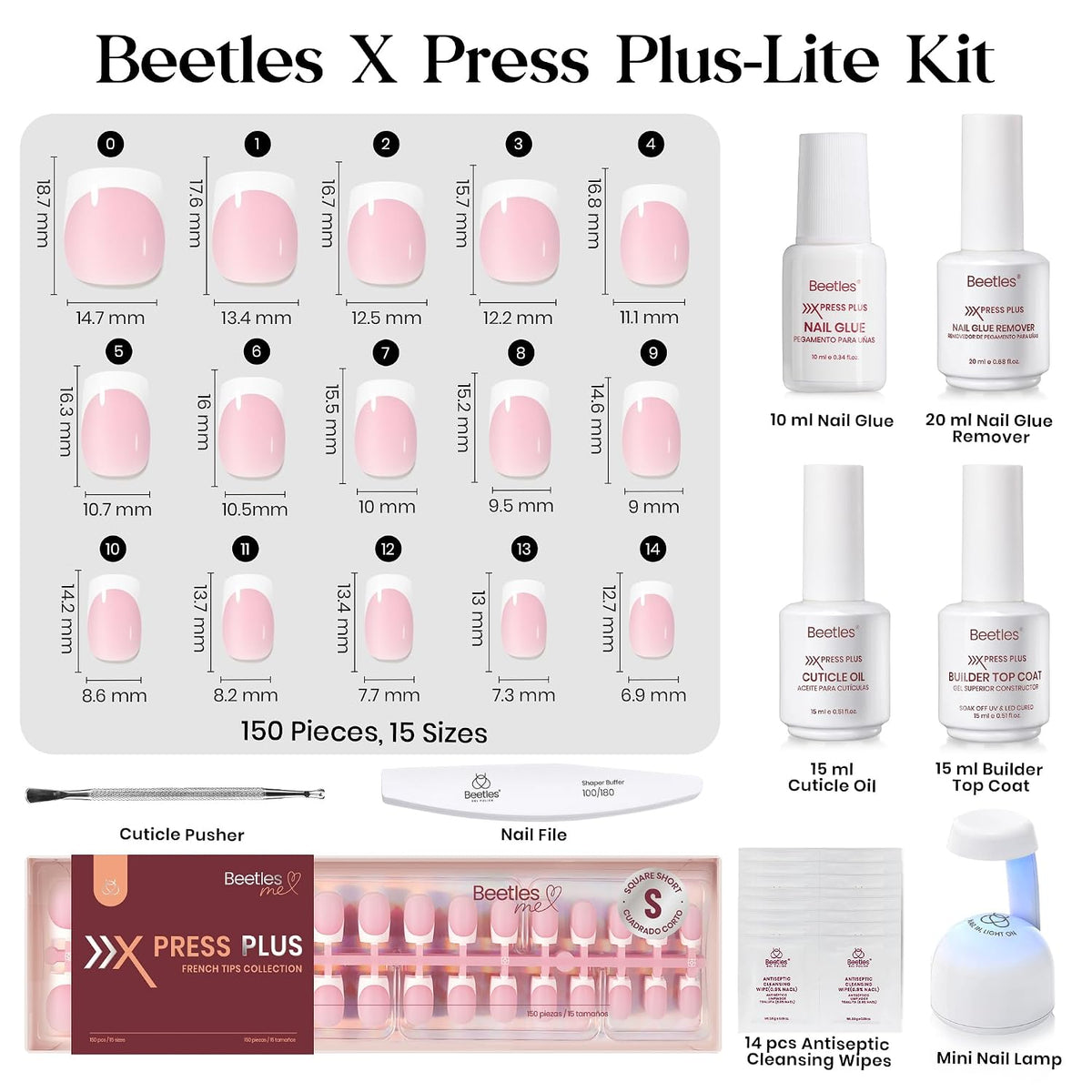 Beetles - Kit de uñas postizas a presión con punta francesa, cuadra...