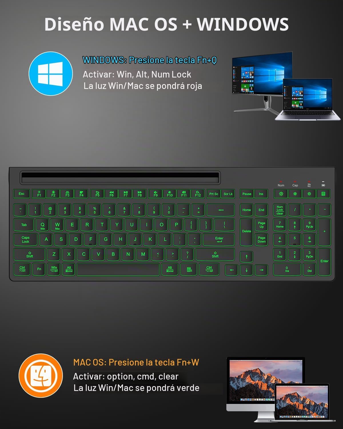 Combo de teclado y mouse inalámbricos, 7 efectos retroiluminados, l...
