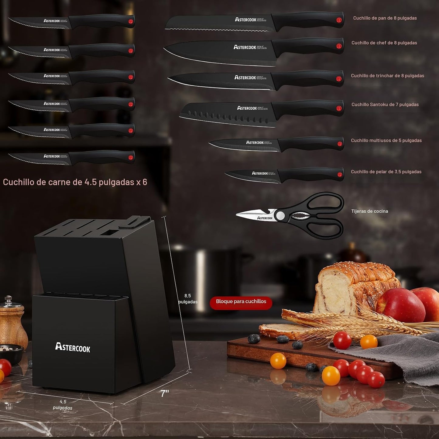 Astercook - Juego de cuchillos de 15 piezas para cocina con bloque,...