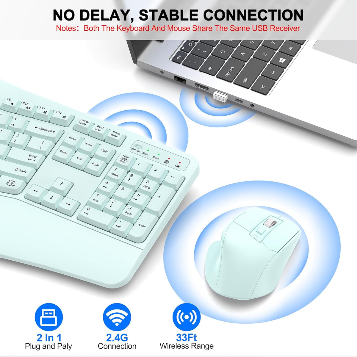 Combo de teclado y mouse inalámbricos, teclas onduladas de tamaño c...