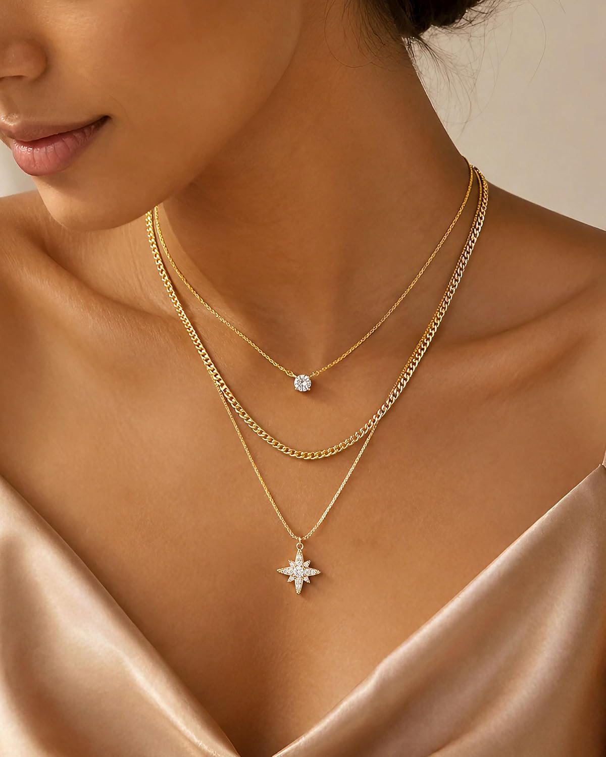 GUOKE Collares de oro en capas para mujer, chapado en oro de 14 qui...