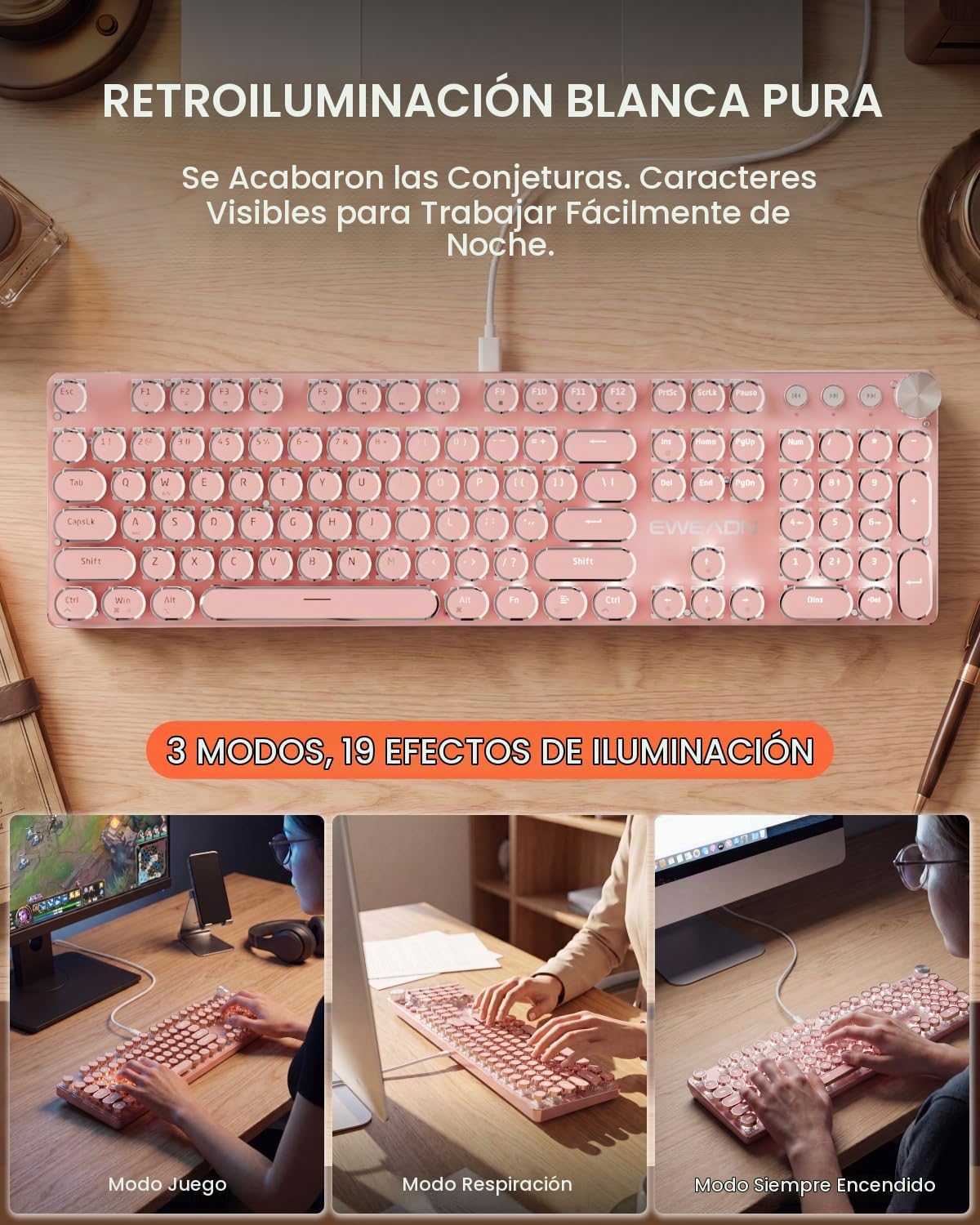 SEUNKWANG Combo de teclado y mouse con máquina de escribir con cabl...