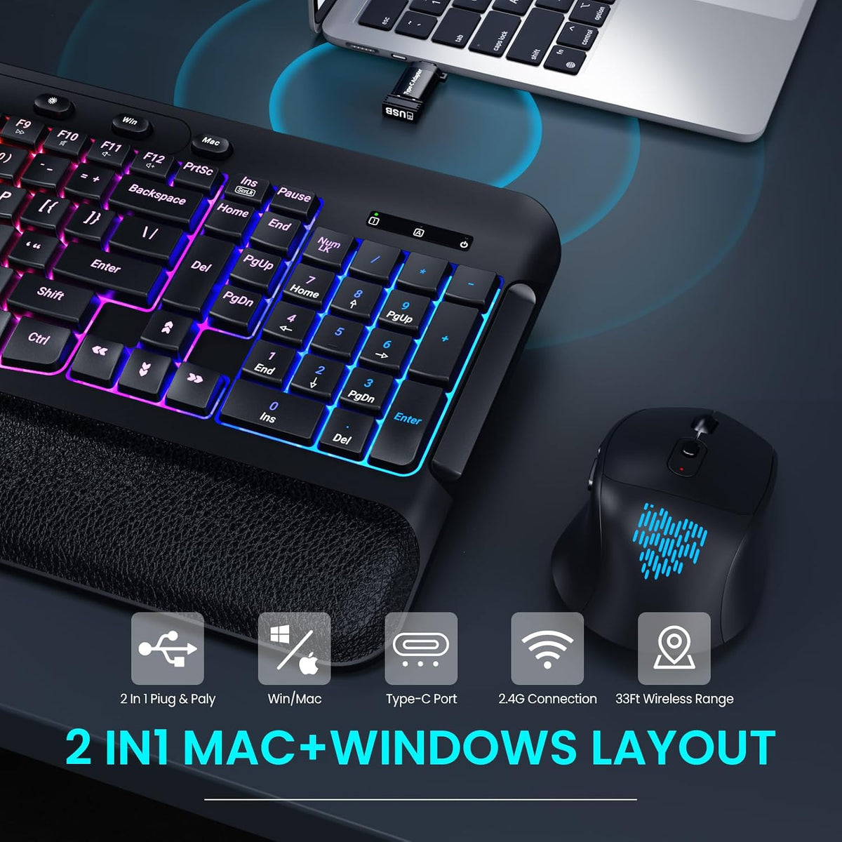 Juego de ratón con teclado inalámbrico, 9 retroiluminación RGB, rep...