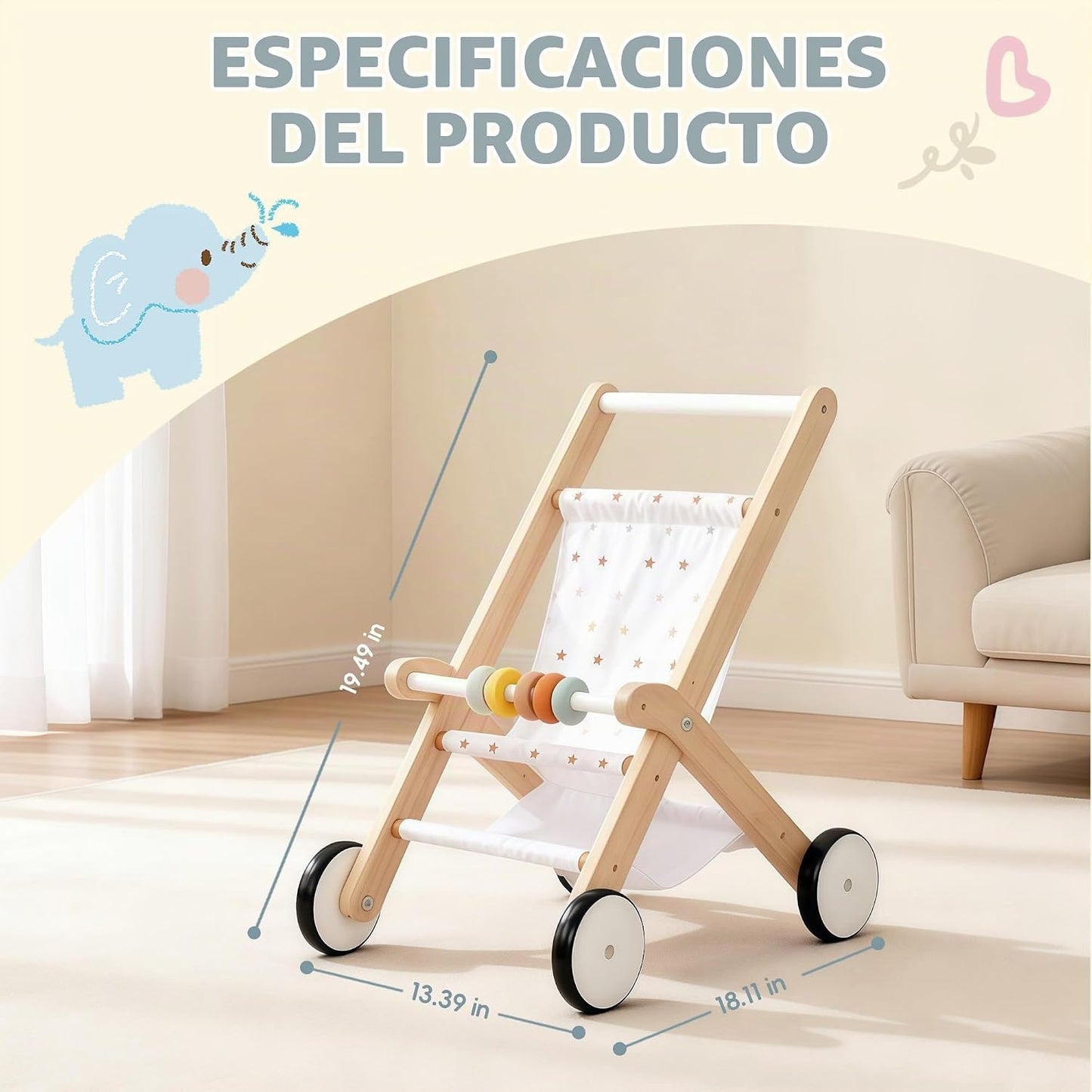Freniland Cochecito de madera para muñeca de bebé, juguete para cam...