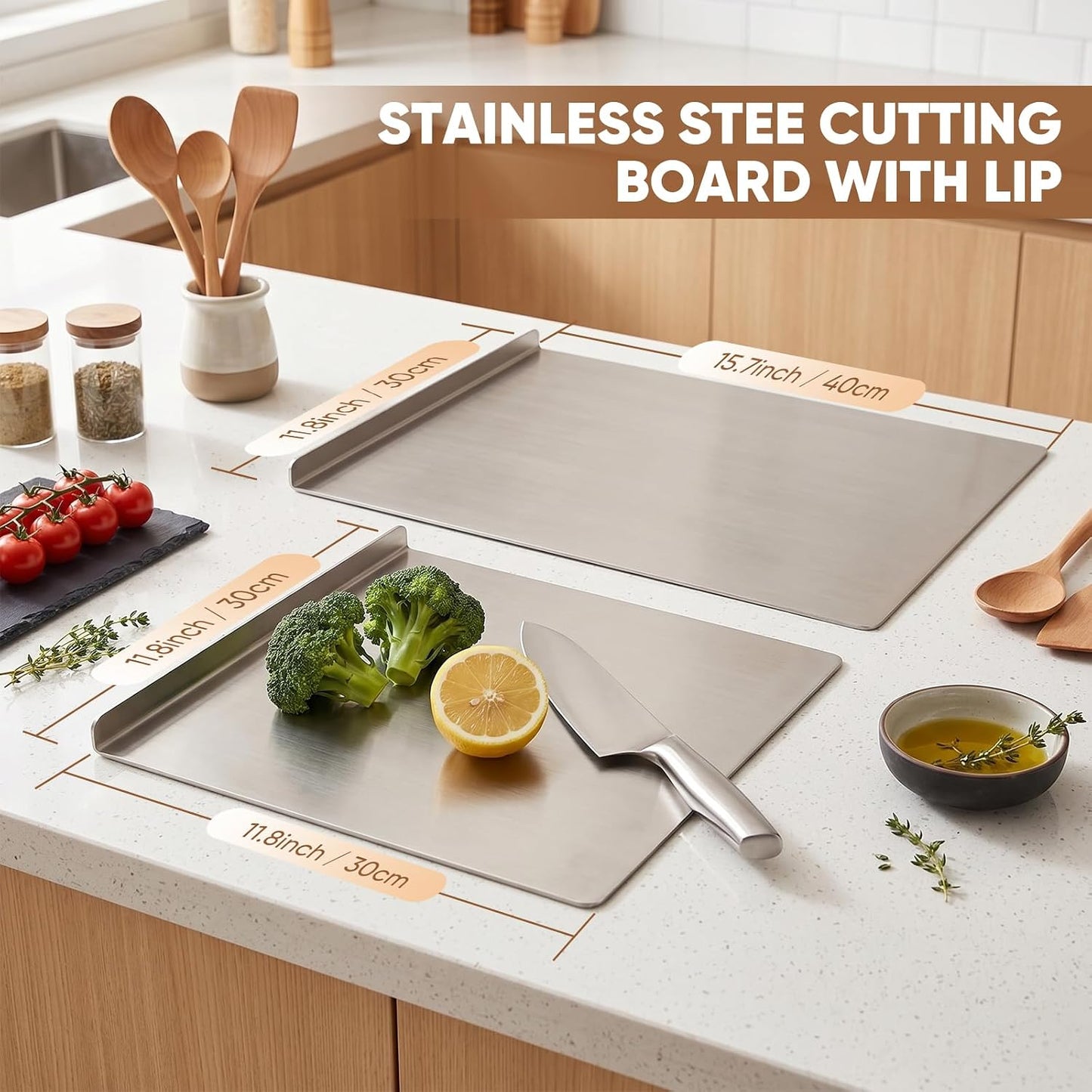 Sakerplus Tabla de cortar de cocina de acero inoxidable con labio,...