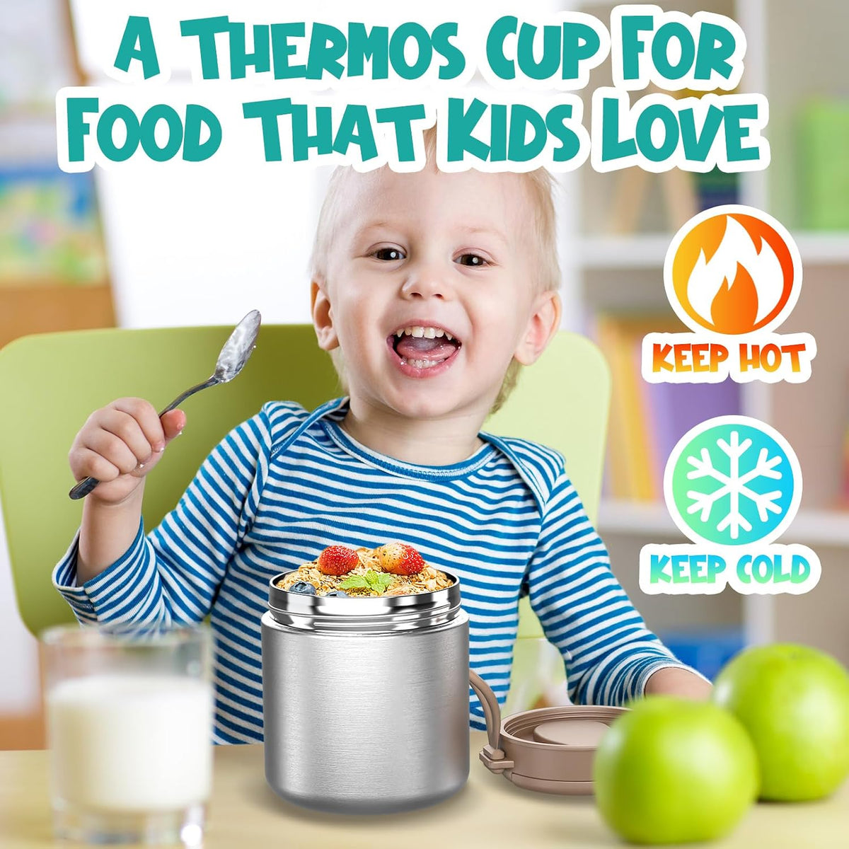 Termo para niños de comida caliente - 15.2oz con cuchara plegable y...
