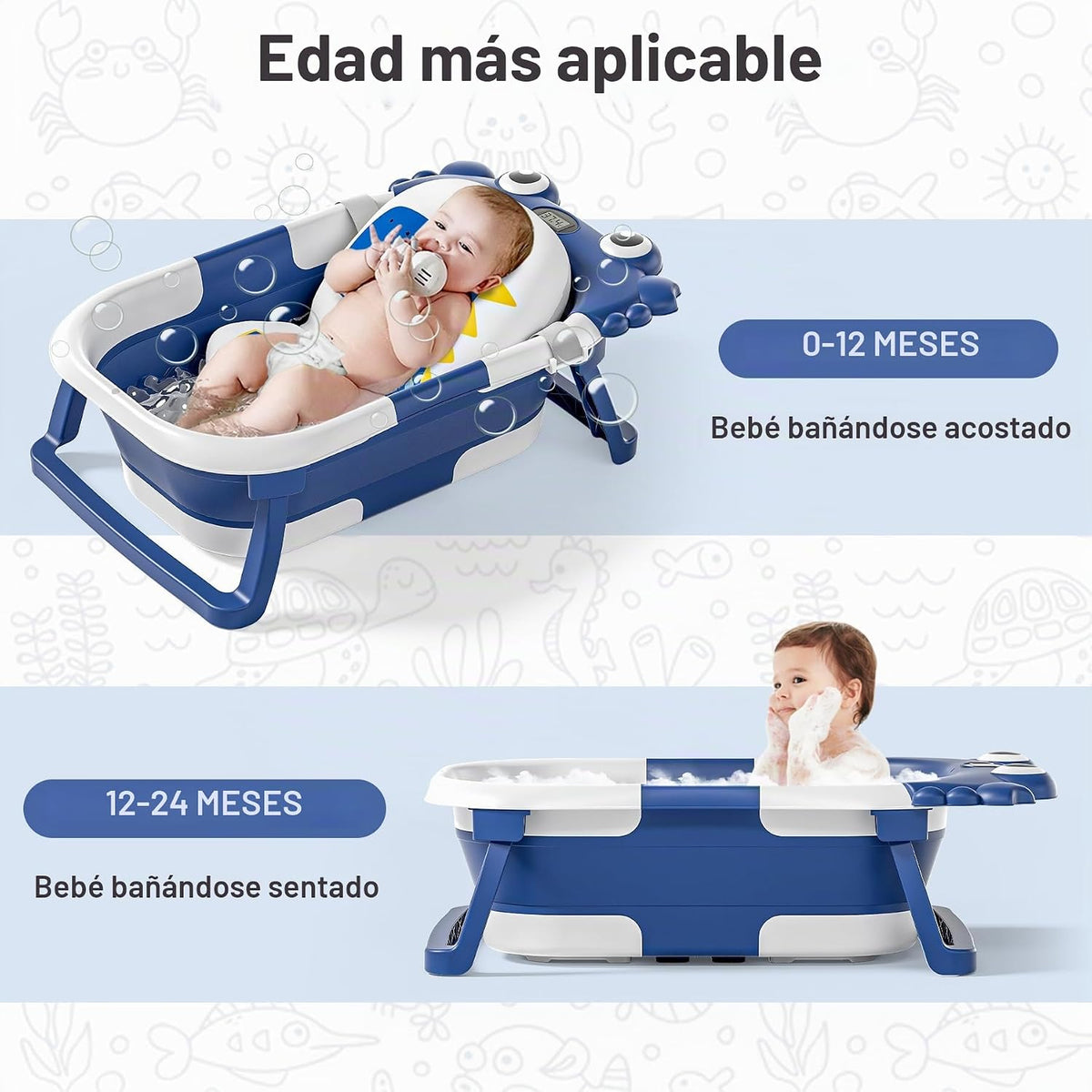 Bañera Plegable para Bebés para Recién Nacidos con Termómetro y Coj...