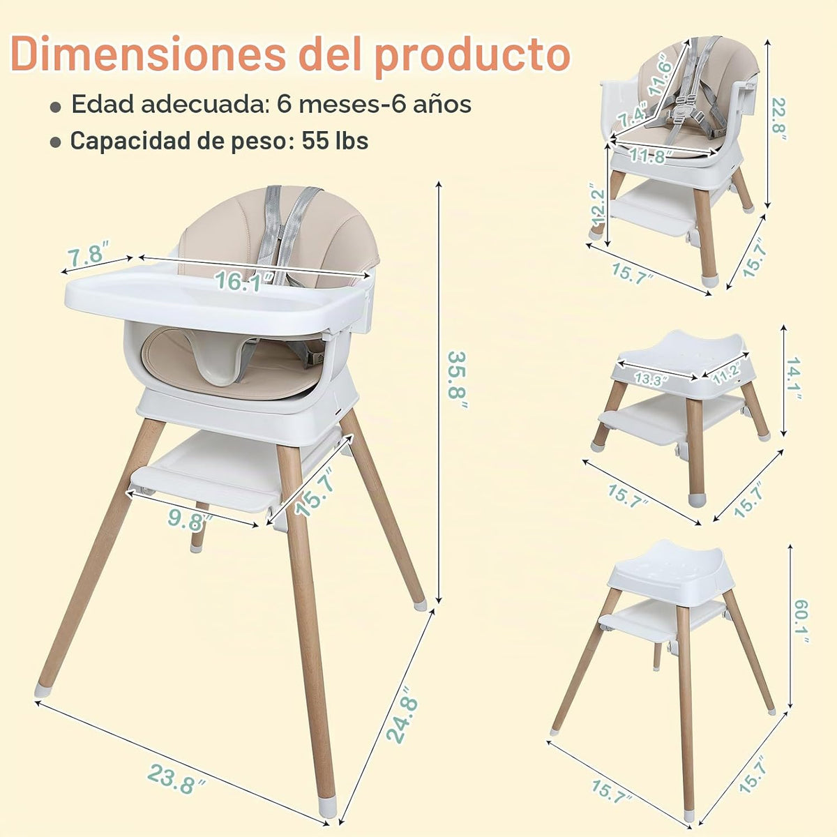 Silla alta convertible 9 en 1 con refuerzo, trona de madera para be...