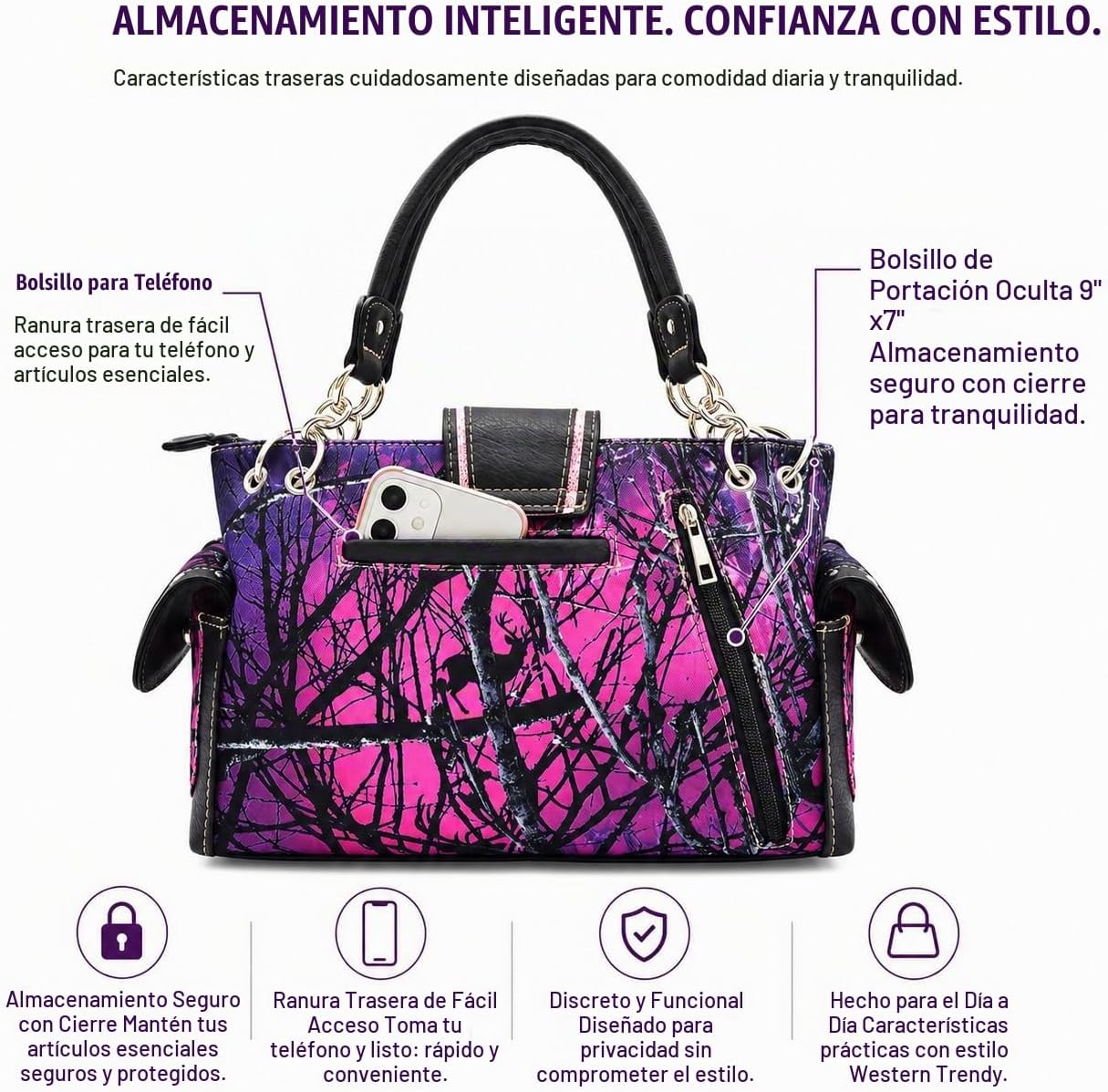 Bolso estilo occidental con hebilla de corona camuflaje, brillo flo...