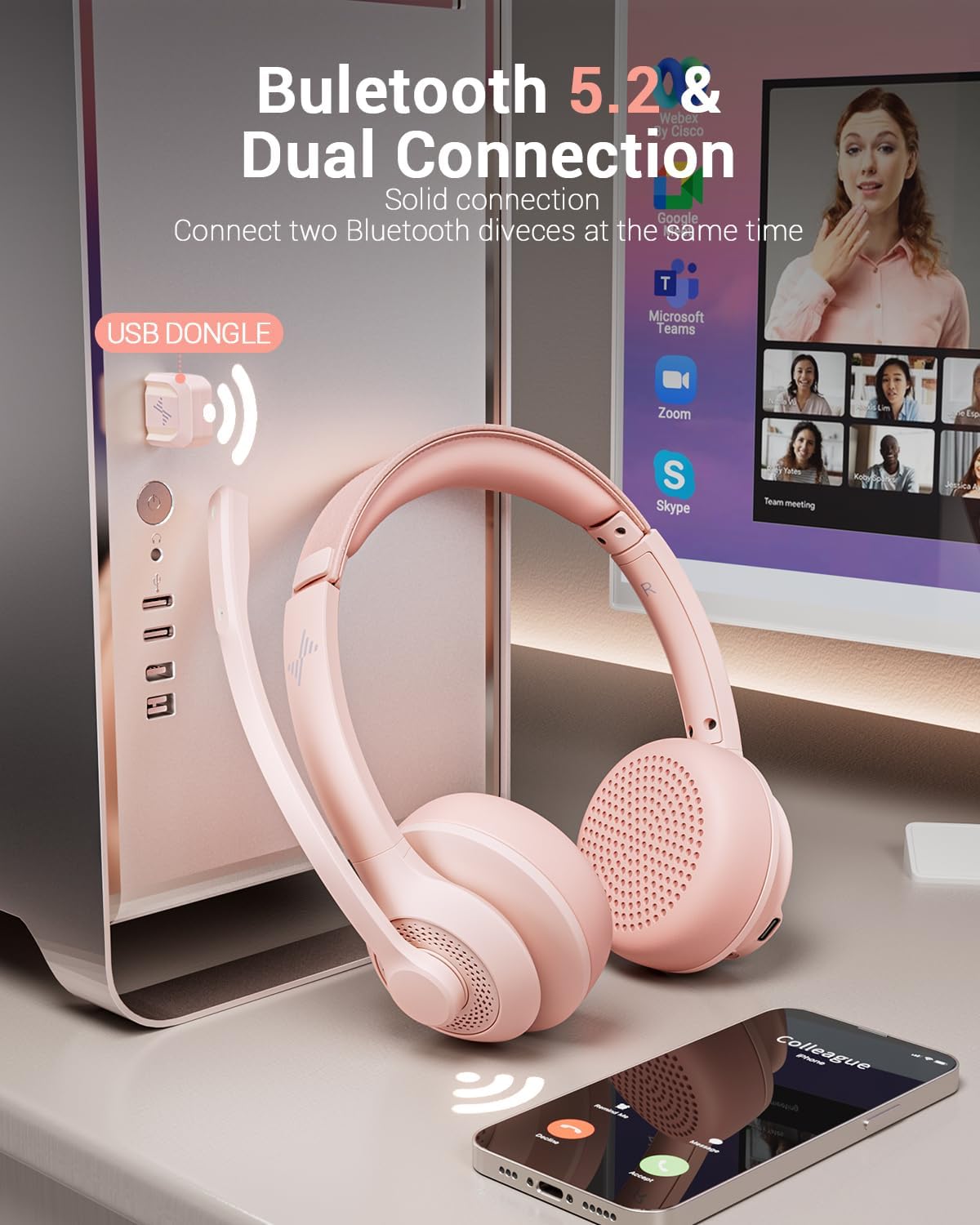 JIAMQISHI Auriculares Bluetooth inalámbricos rosados 5.2, auricular...