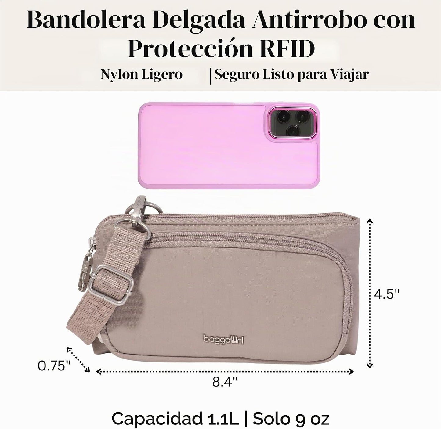 Securtex - Mini cartera cruzada antirrobo, ligera, 8.4 x 4.5 pulgad...