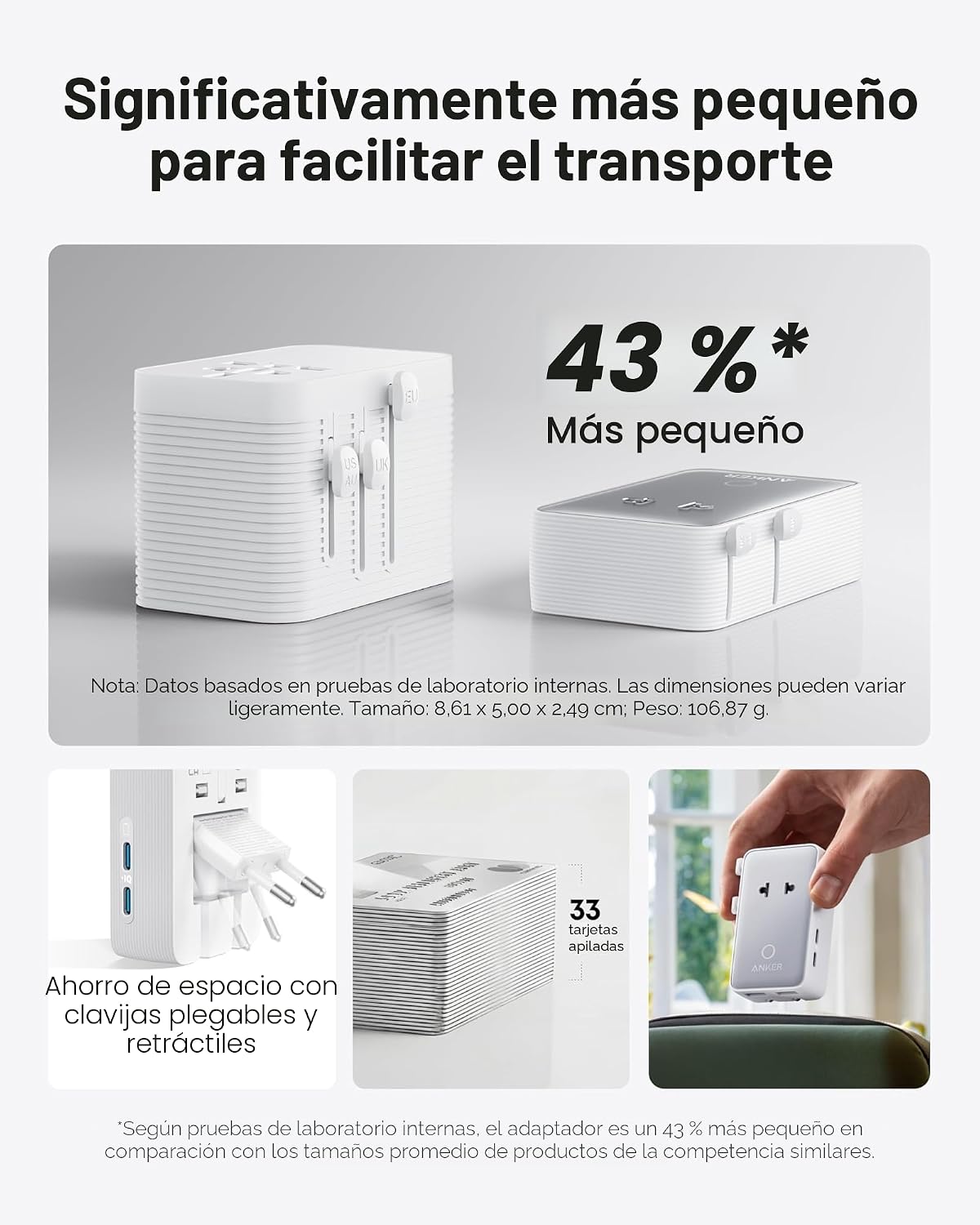 Anker Nano Travel Adapter (1 unidad), 2 cargadores universales USB-...