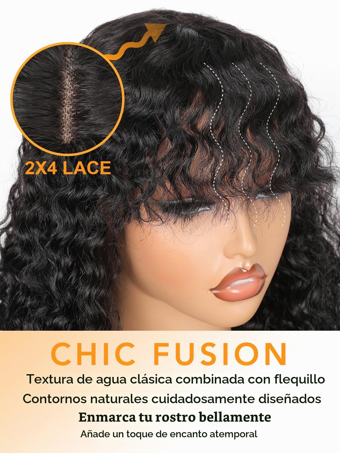JuneMet Ruiyu Pelucas de cabello humano rizado con flequillo, encaj...