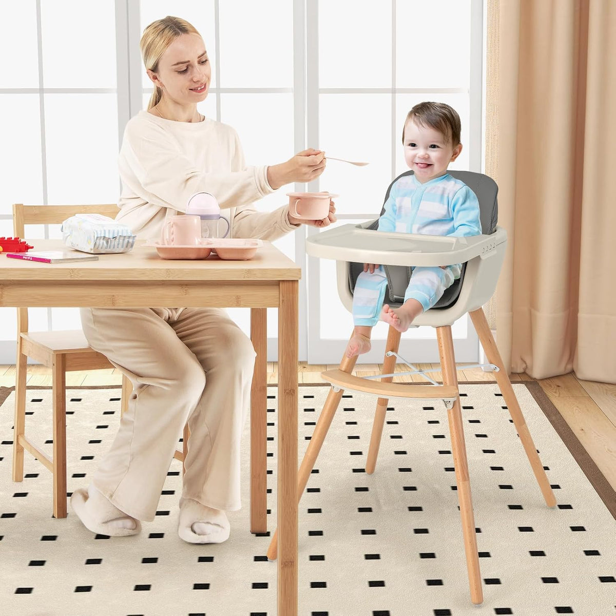 HONEY JOY Silla alta para bebé, silla alta 6 en 1 de madera Eat &am...