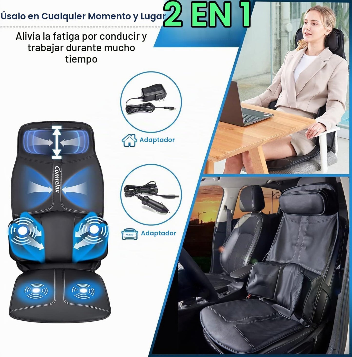 comrelax Cojín de masaje de espalda con compresa, asiento de vibrac...