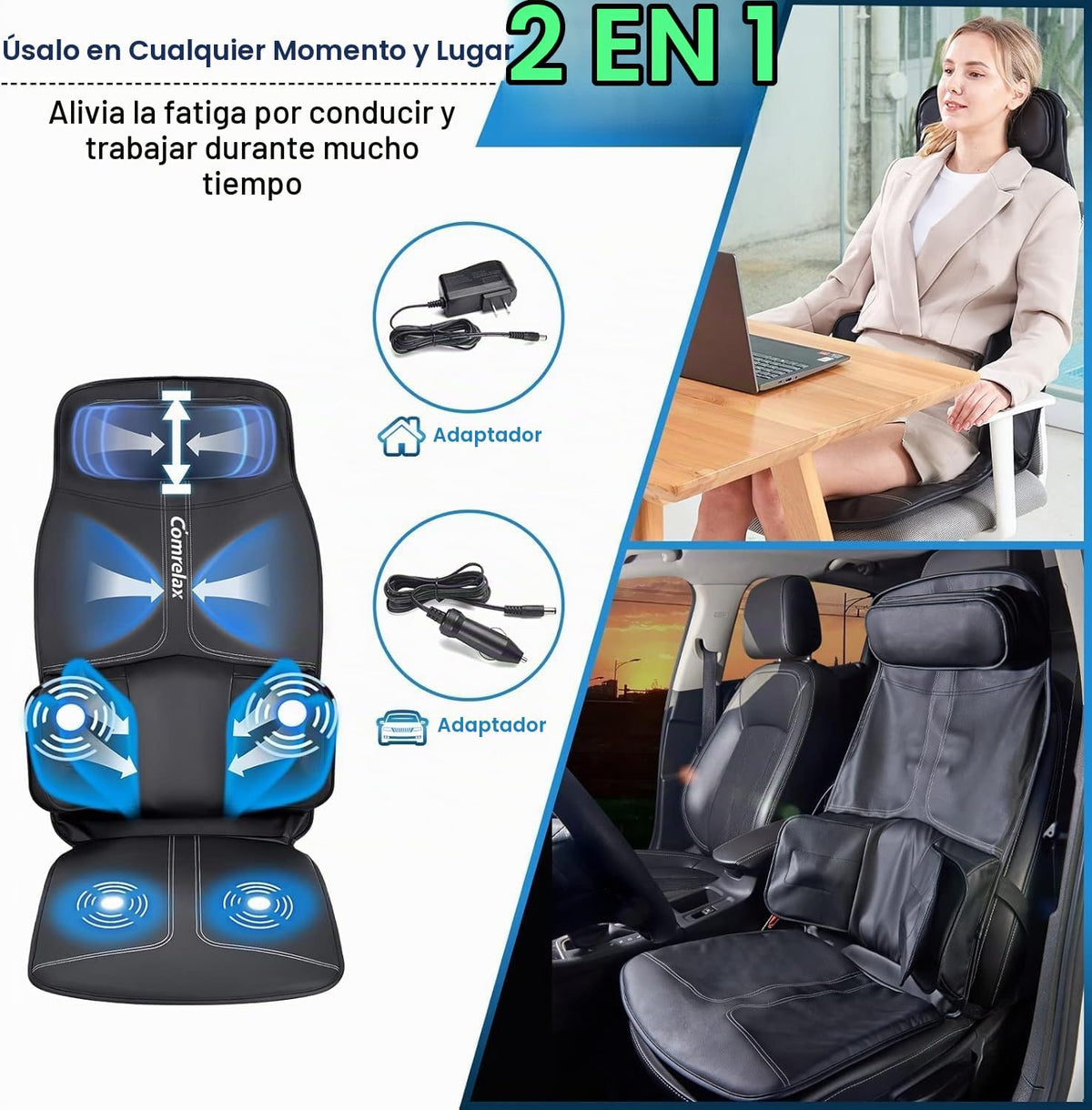 comrelax Cojín de masaje de espalda con compresa, asiento de vibrac...