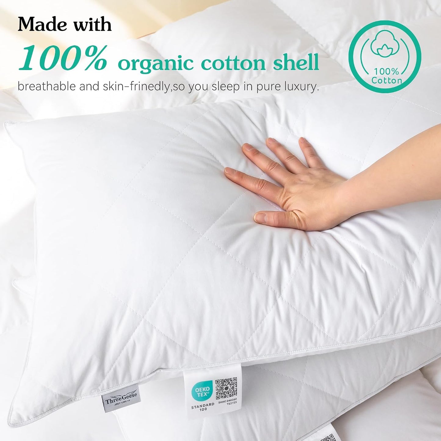 Paquete de 2 almohadas de plumas de ganso blanco. Funda de algodón...