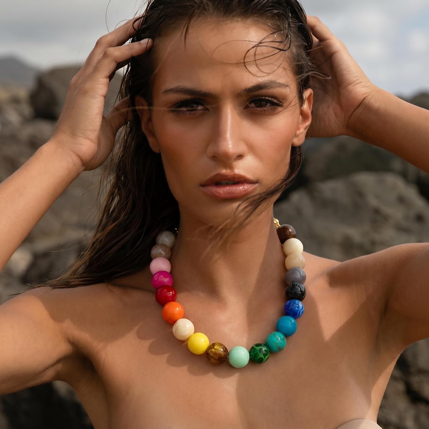 CLASSYZINT Collar grueso de cuentas rosadas para mujer, grande, col...