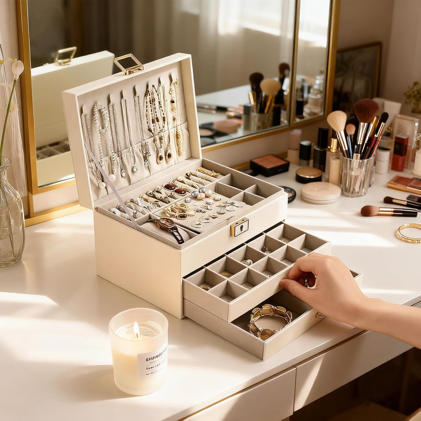 Greenfeather Joyeros para mujer, caja organizadora de joyas con tap...