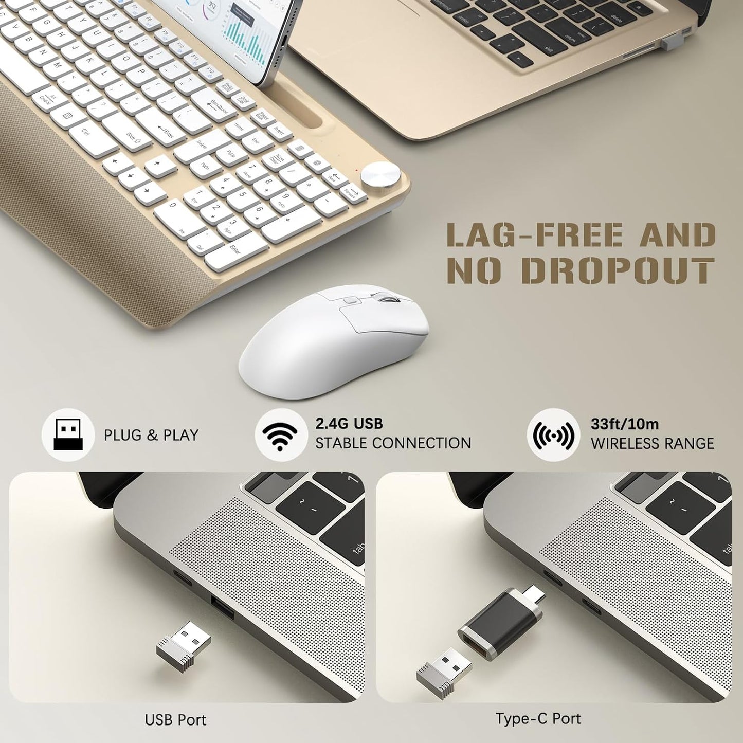 GAMCATZ Juego de teclado y mouse inalámbrico ergonómico con reposa...