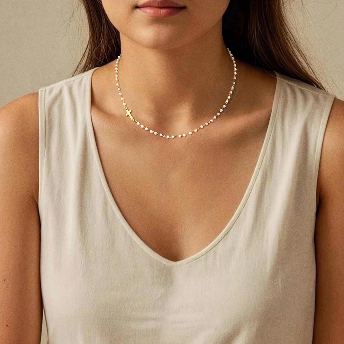 VIROMY Collar de Perlas en Capas con Cruz Dorada para Mujeres - Col...