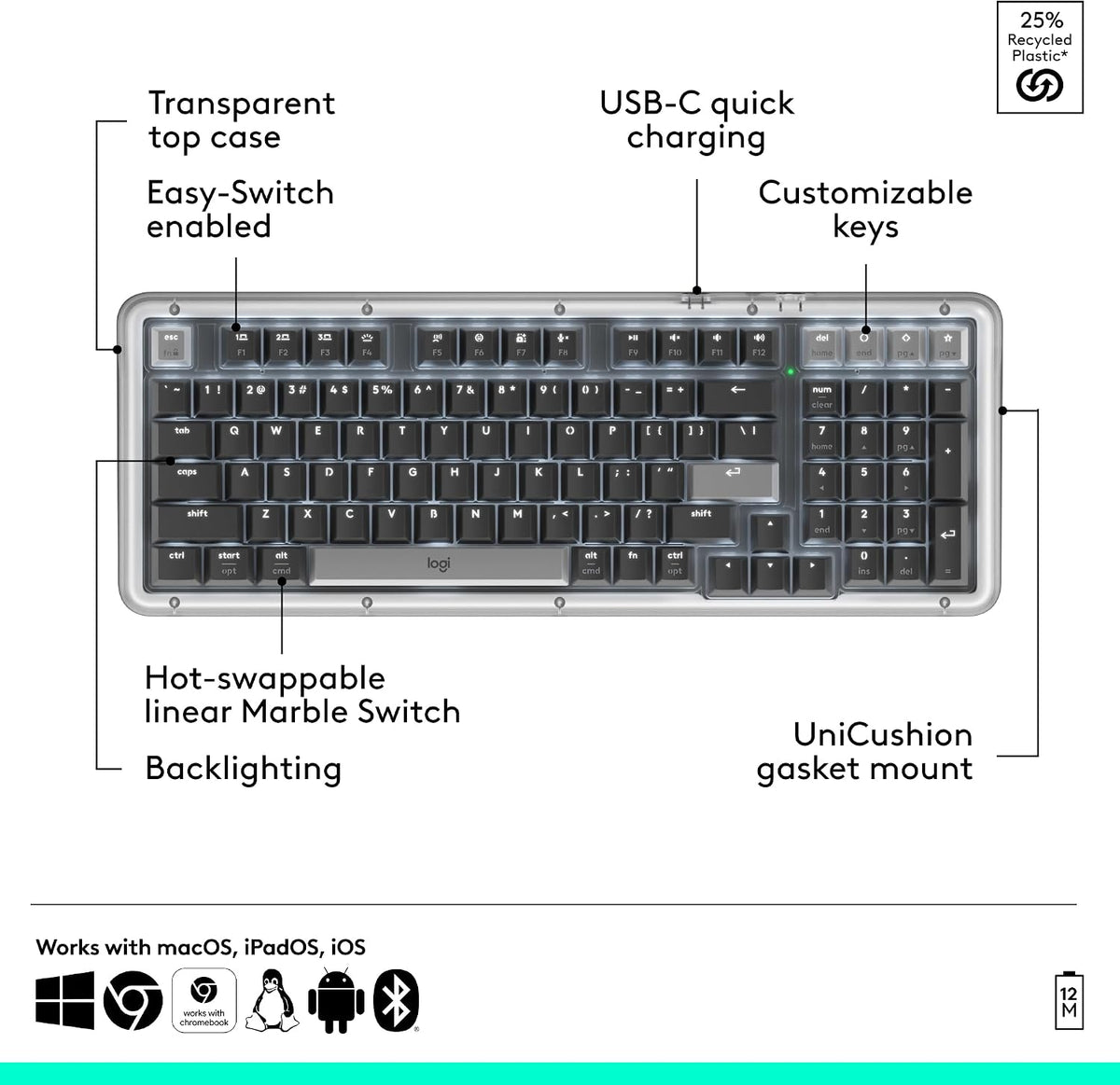 Logitech Alto Keys K98M Teclado mecánico inalámbrico Bluetooth con...