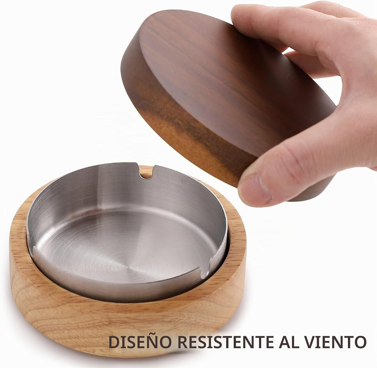 Cenicero de madera con tapa para fumadores, revestimiento de acero...
