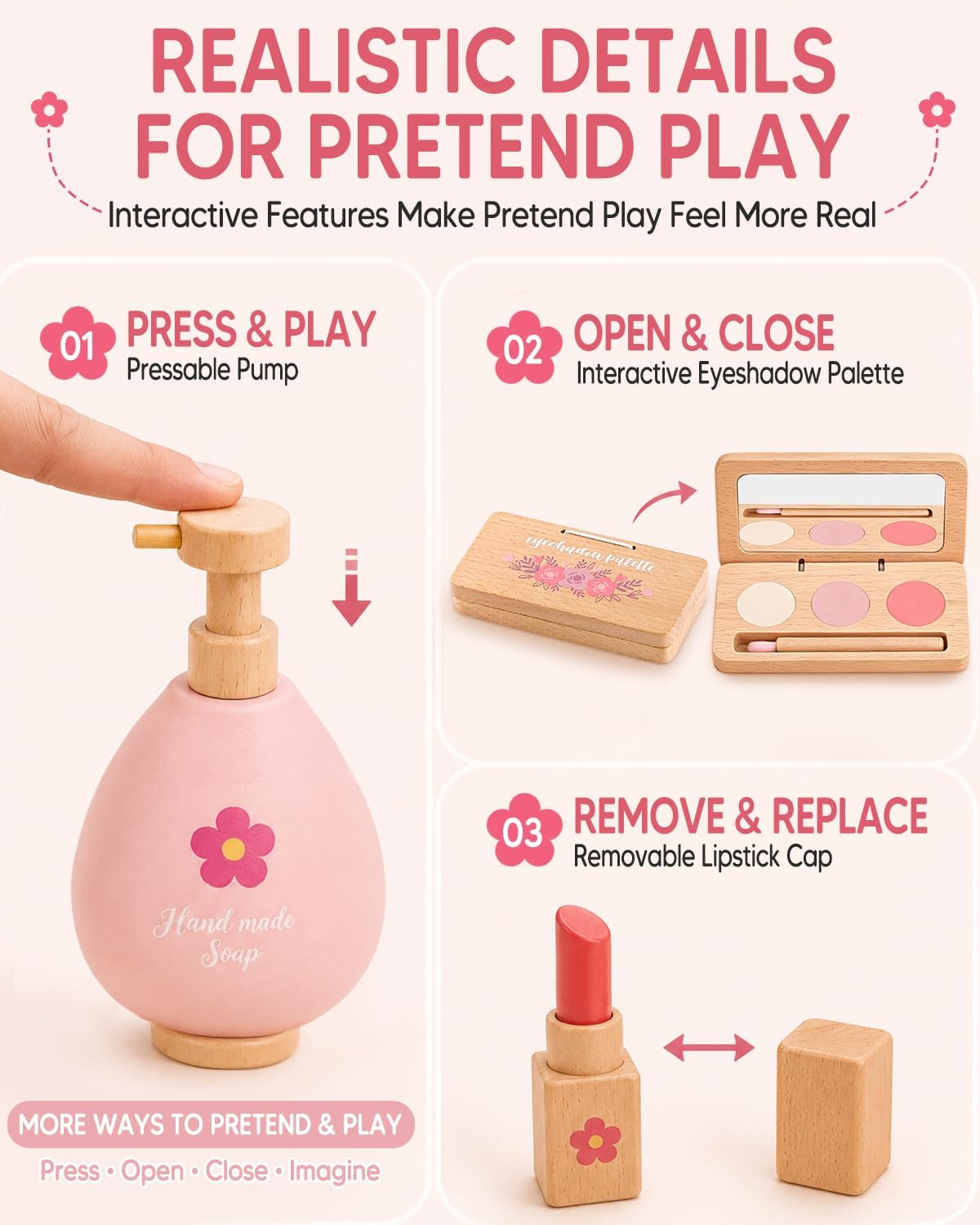 Kit de maquillaje de madera para niñas de 3 a 5 años, juego de maqu...