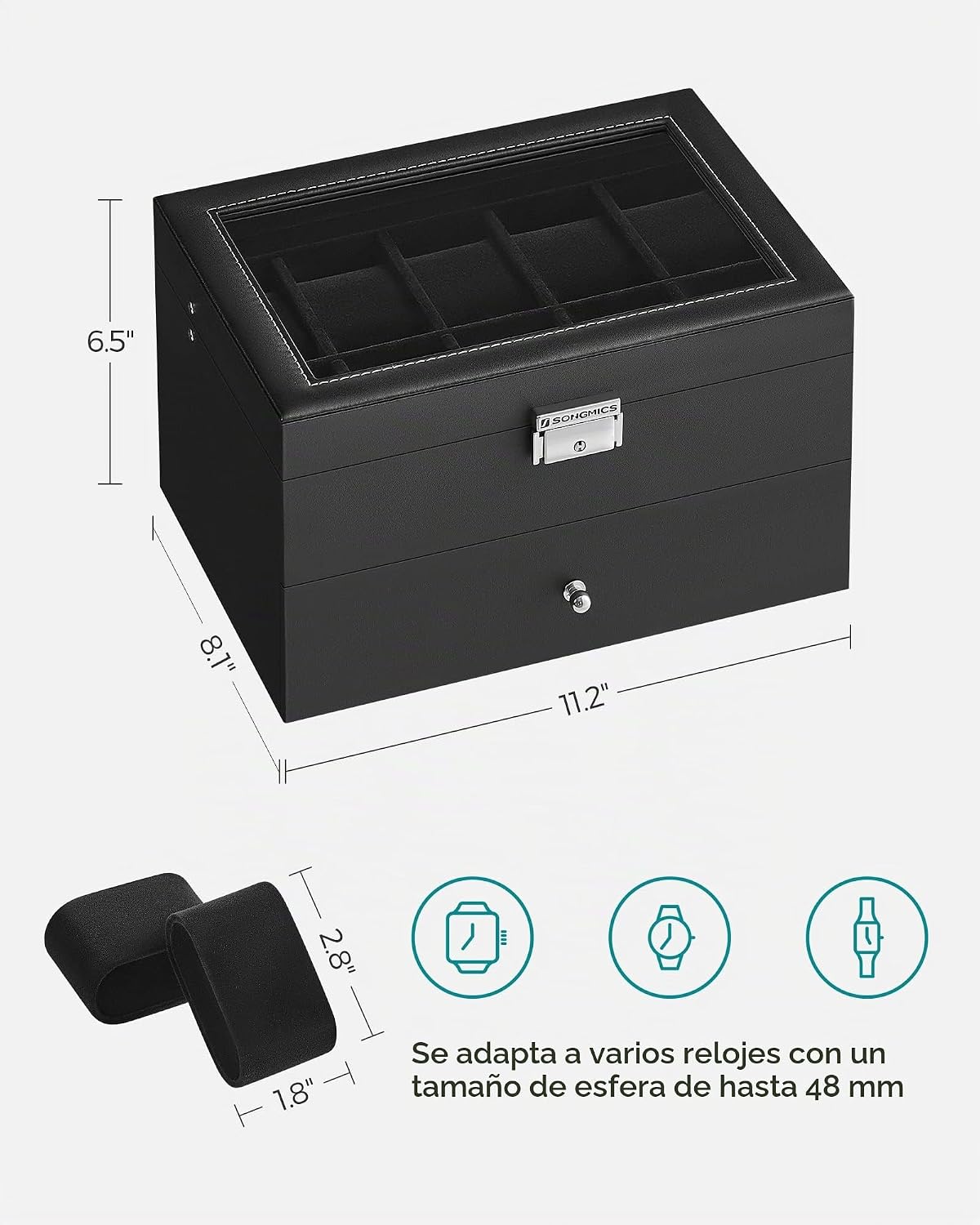 SONGMICS Caja de reloj de 20 ranuras, 2 capas, tapa de cristal, con...