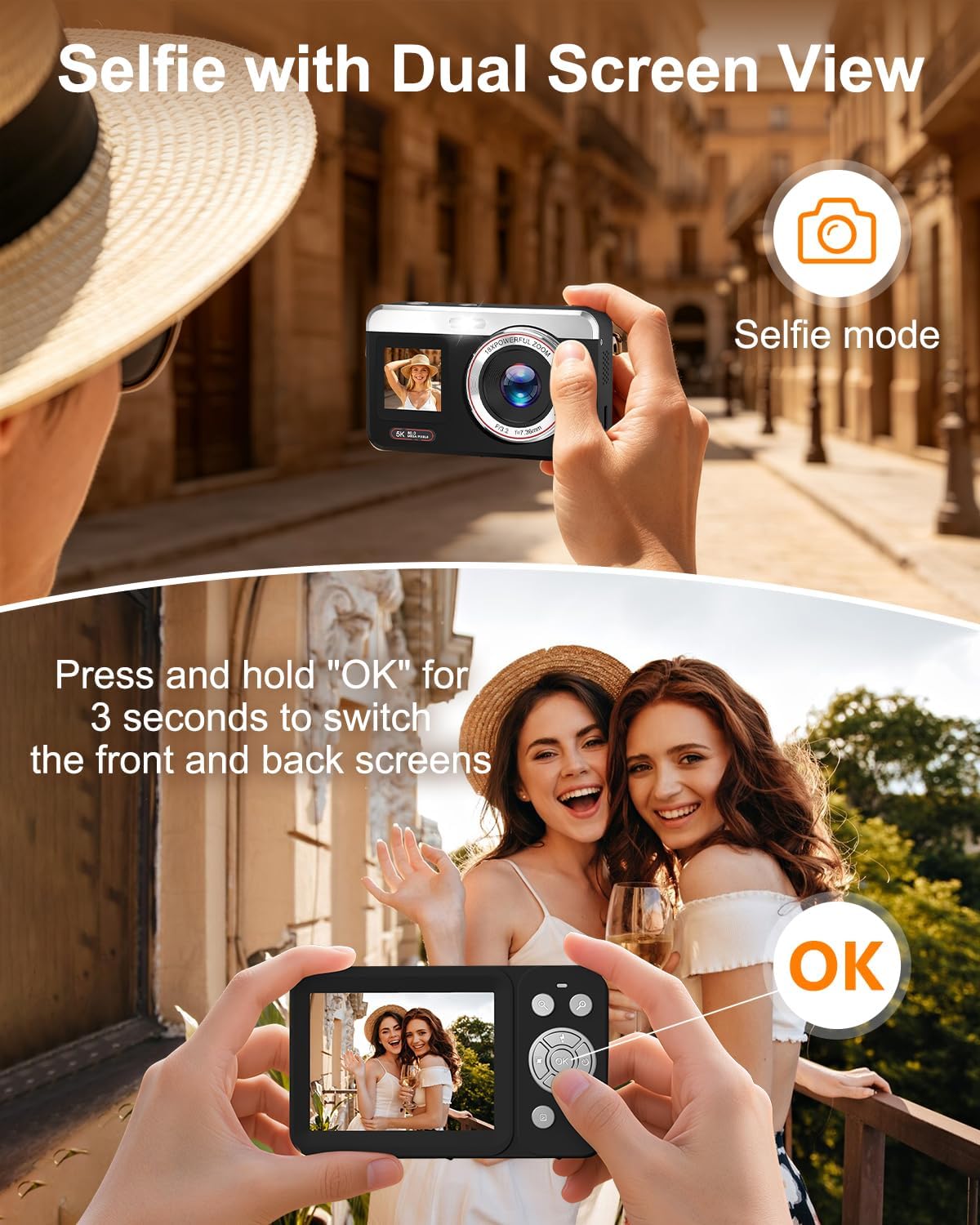 Hoorola Cámara digital, pantalla dual 5K 80MP, enfoque automático p...