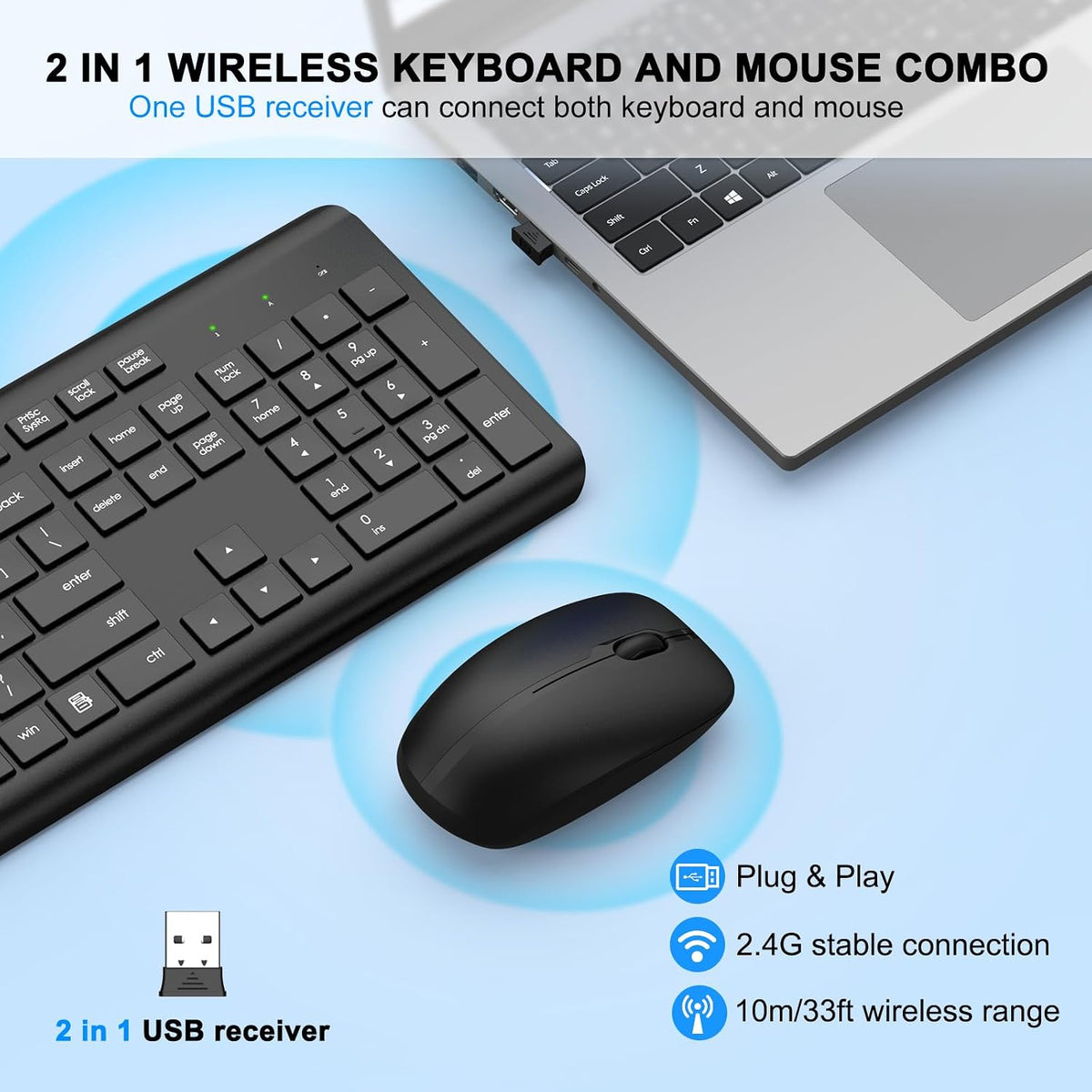Combo de teclado y ratón inalámbricos, teclado y ratón ergonómicos...