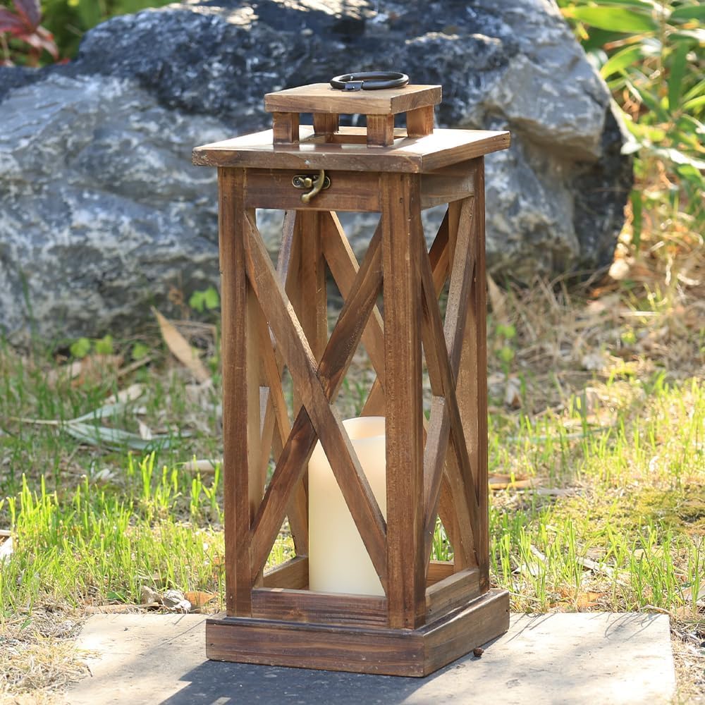 DECORKEY Farol rústico de madera para velas, 17 pulgadas de alto, d...