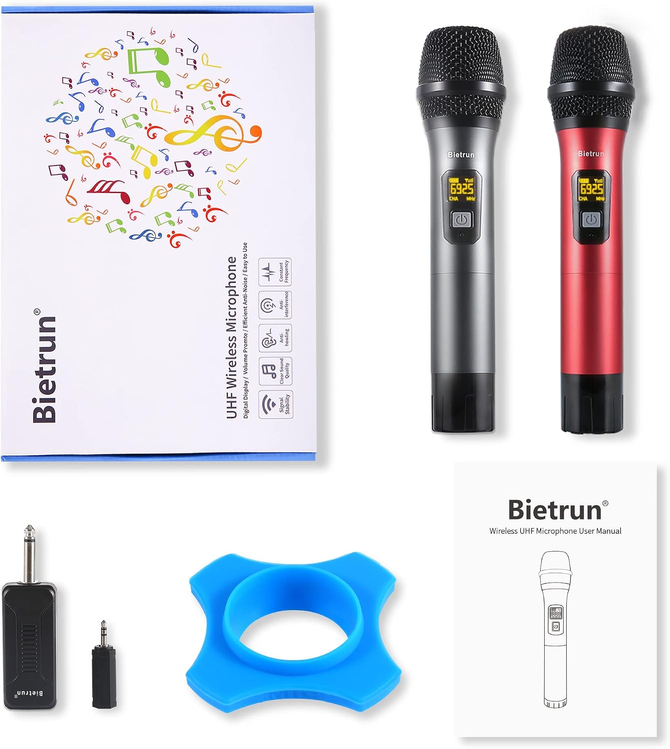 Bietrun Micrófono inalámbrico, juego profesional de micrófonos UHF...