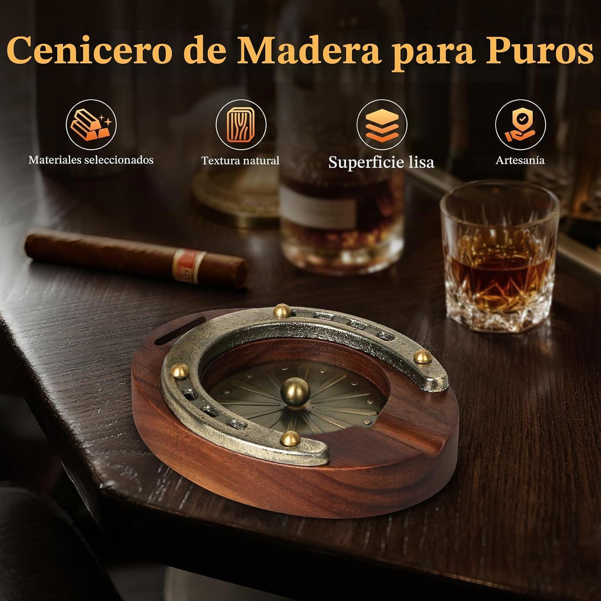 SEMKONT Cenicero de puros, cenicero portátil de madera de herradura...