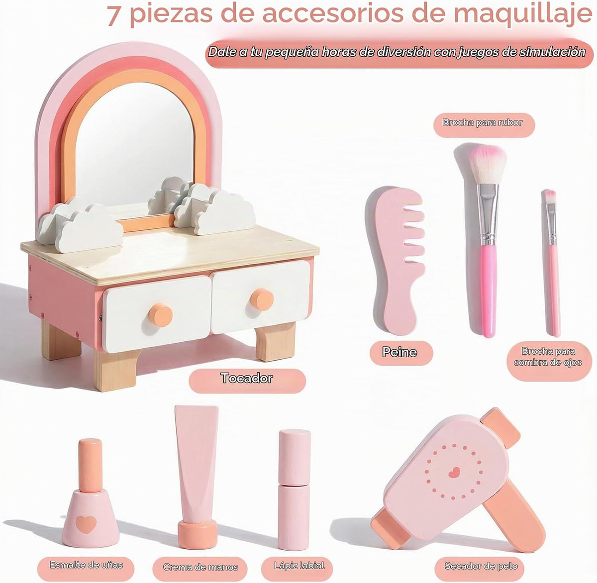 Juego de tocador de madera para niños, juego de simulación con espe...