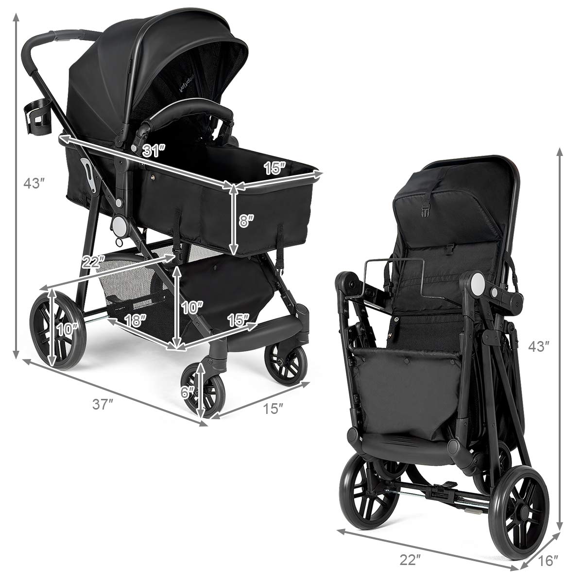 Baby Joy - Cochecito de bebé, 2 en 1 convertible para cochecito de...