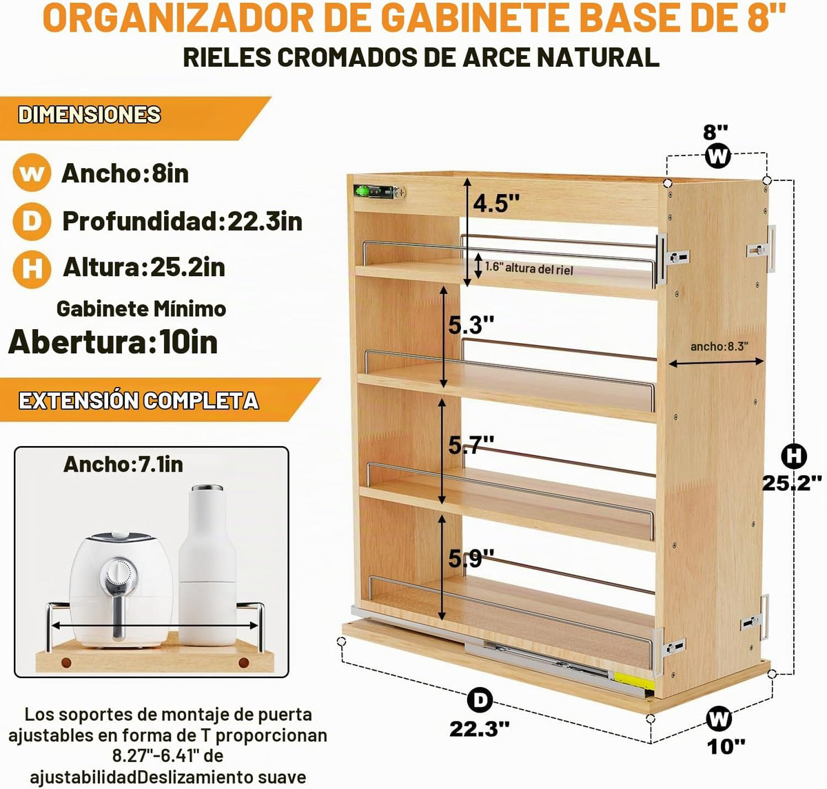 Gsskny Organizador extraíble de especias para gabinete, 8 pulgadas...