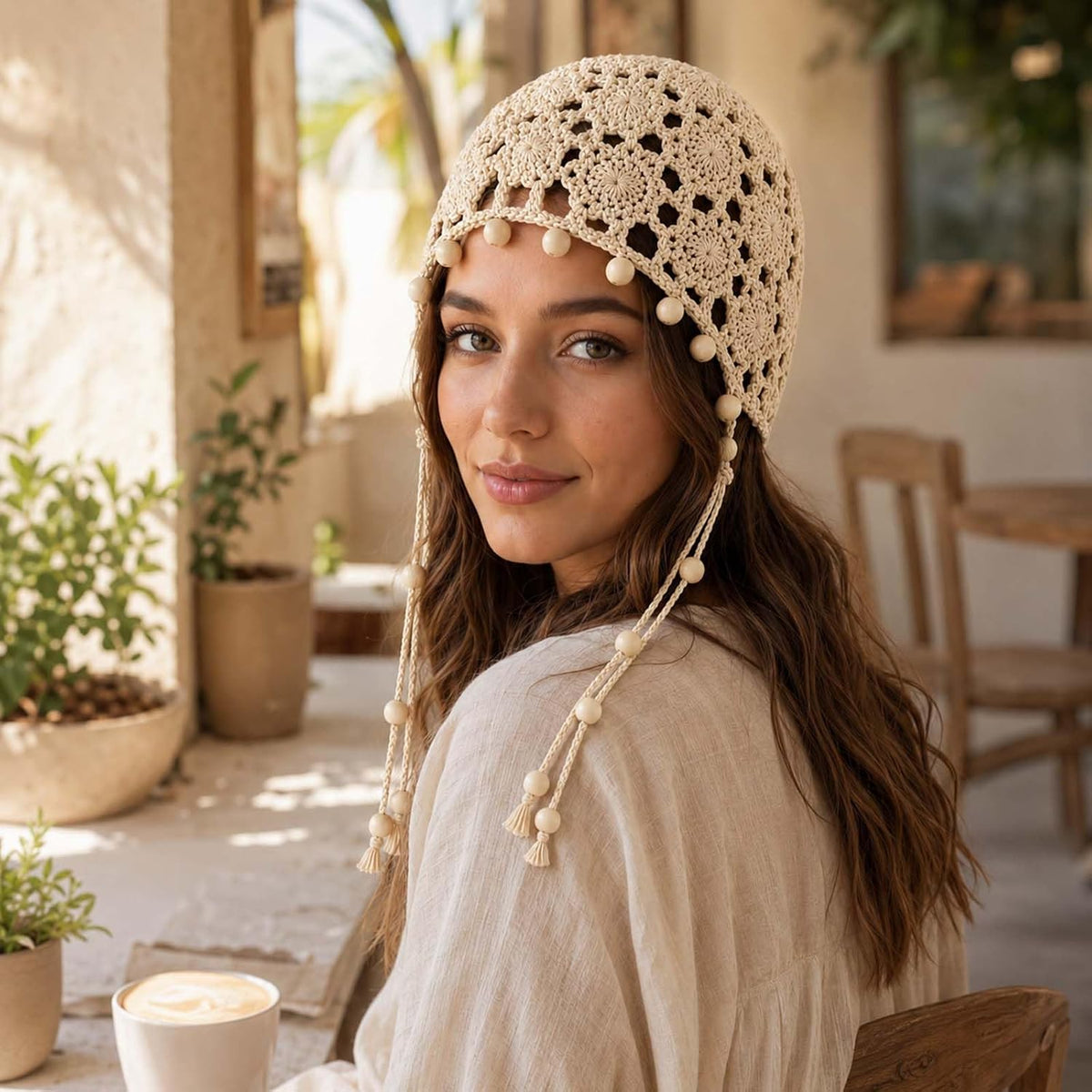 Gorros de ganchillo para mujer, boho, gorro de encaje con cuentas d...